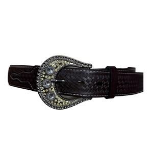 Western Jeweled Rhinestone Basketweave Leather Chunky Brown Belt Size Medium